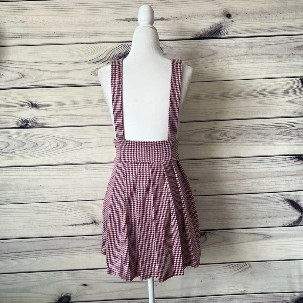 Forever 21 Maroon & White Houndstooth Pleated High Waist Skirt with Straps